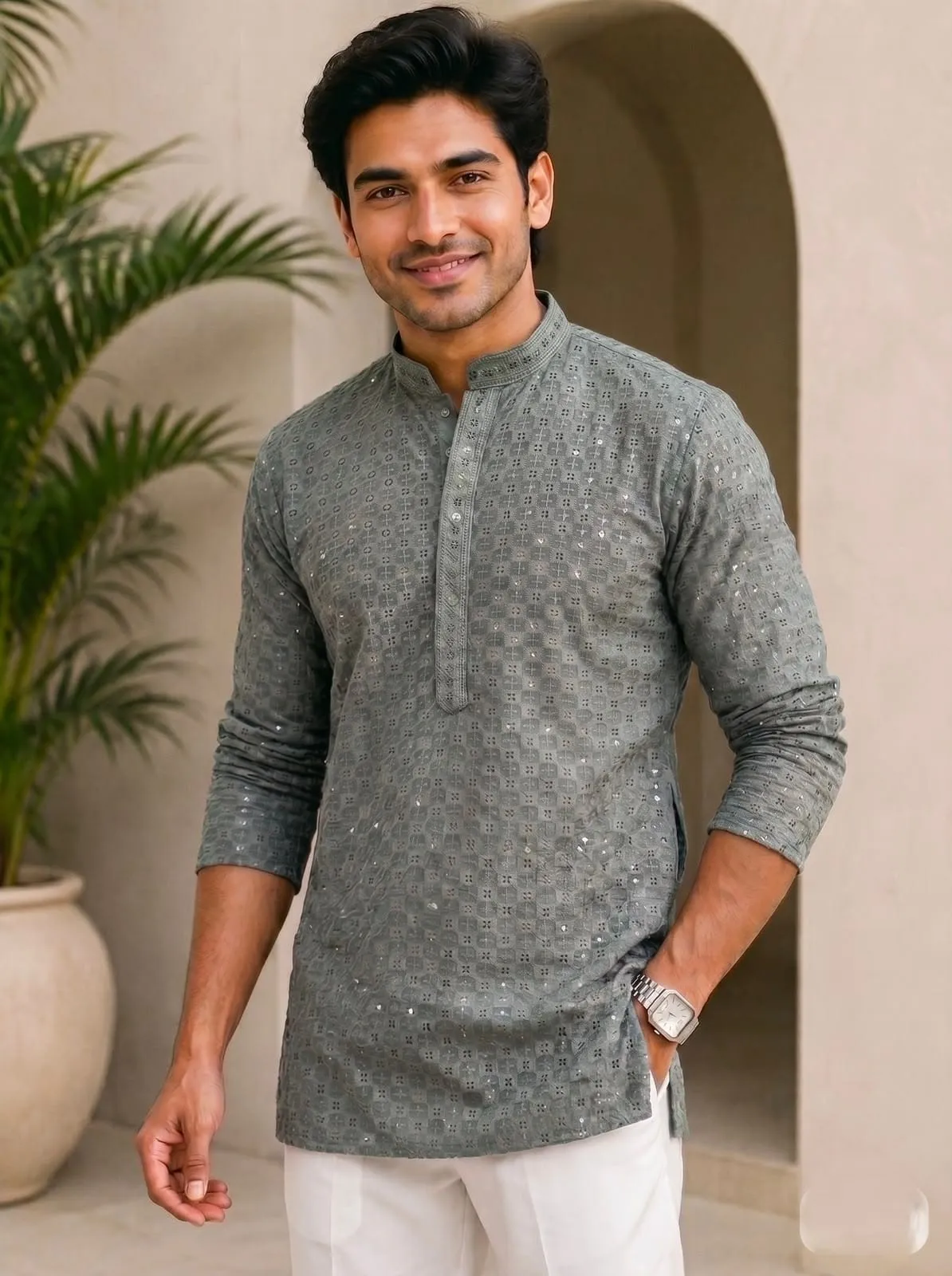 Stylish Chikan Work Fabric in  Full Sleeves Short kurta
